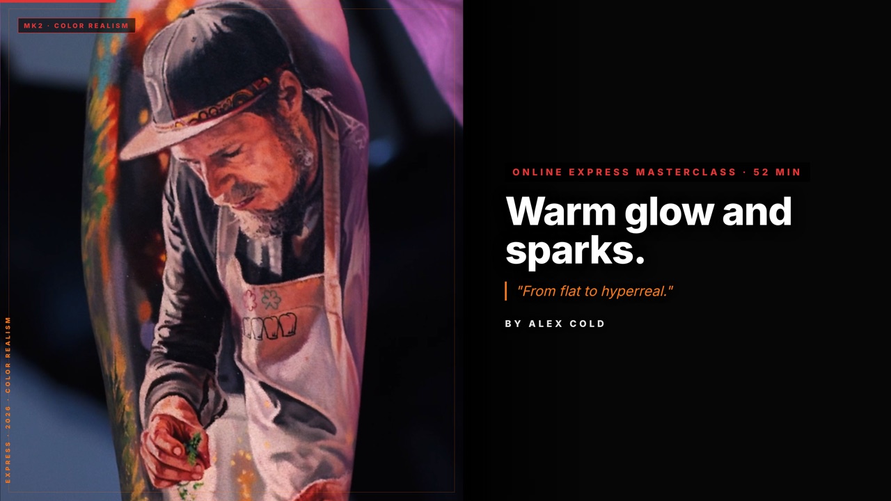 Warm Glow and Sparks — online tattoo masterclass, express masterclass · 52 min · color realism tattoo training by Alex Cold
